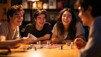 Friends enjoying a game night with laughter, snacks, and strategy at home in the evening photo
