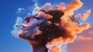 A surreal depiction of a woman's face merging with vibrant clouds during a sunset in an imaginative artistic style photo