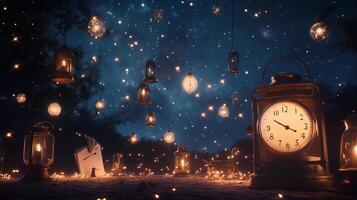 Enchanting night scene with lanterns and a vintage clock under a starry sky at dusk photo