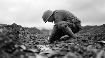 Soldier digging in muddy terrain during a gray, overcast day in a historic battlefield location amid wartime conditions photo