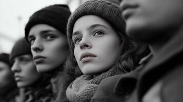 Young people in winter clothes attentively observing a gathering in an urban setting during a chilly afternoon photo