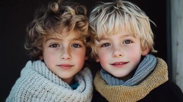 Two young boys with curly hair wearing cozy scarves while standing close together in a warm, inviting setting during autumn photo