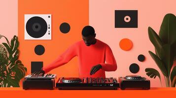 A DJ performs in a vibrant studio with abstract decor, mixing tracks on turntables during a lively music session photo