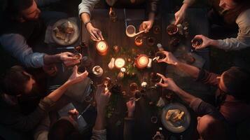 Gathering of friends celebrating with food and drinks at a rustic outdoor table in the evening glow photo