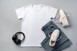 T-shirt, jeans and white sneakers on gray background top view photo