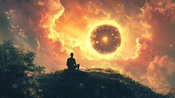 A person sits quietly on a hillside under a glowing orb in a dramatic sky filled with swirling clouds at sunset photo