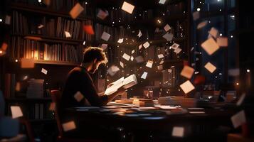 A man reading a book in a cozy library surrounded by floating pages at night, illuminated by warm light photo