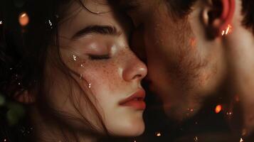 Romantic couple sharing a tender kiss surrounded by enchanting sparkles in an intimate setting during twilight hours photo