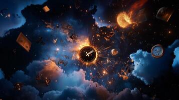 Surreal cosmic landscape depicting clocks and debris floating in a vibrant sky filled with clouds and explosions photo