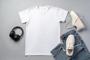 T-shirt, jeans and white sneakers on gray background top view photo