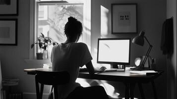 A person working intently at a desk with a computer in a sunlit room, capturing a serene moment of productivity photo