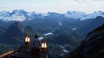 A person enjoys breathtaking mountain views from a wooden platform on a sunny day in the Norwegian fjords, surrounded by snow-capped peaks photo