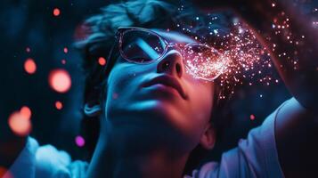 A young person wearing stylish glasses interacts with vibrant light particles in a creative, dreamlike setting at dusk photo