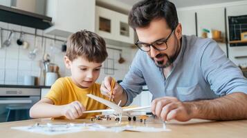 Father and son bonding over model airplane assembly in a bright kitchen on a weekend morning photo