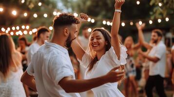 Couple dancing joyfully at an outdoor summer party surrounded by bright string lights in a festive atmosphere photo