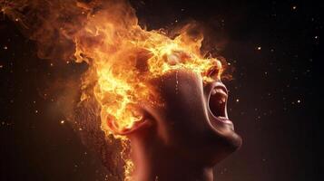 Portrait of a person with a flaming head, expressing intense emotion against a dark background in an artistic depiction of inner struggle photo