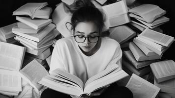 A young woman immersed in reading surrounded by stacks of open books in a cozy indoor setting photo