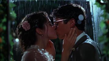 Romantic couple sharing a passionate kiss in the rain during an intimate evening setting surrounded by greenery photo