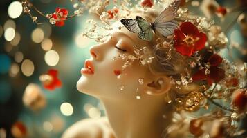 A serene woman adorned with flowers and butterflies, captured in a dreamlike setting full of vibrant colors and soft, glowing lights photo