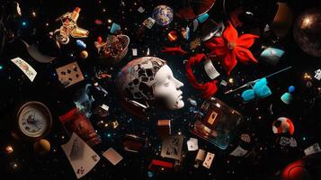 An abstract exploration of consciousness with various objects and a fragmented head in a surreal cosmic environment photo