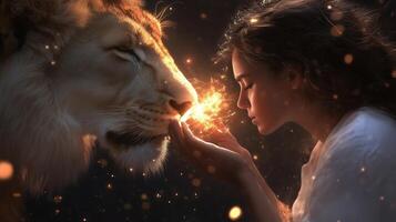 A young woman gently interacts with a majestic lion while illuminated by a warm, glowing light in a mystical forest at dusk photo