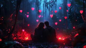 Couple sitting together in a vibrant jungle filled with glowing hearts during a romantic evening photo