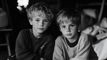 Two young boys with curly hair posing closely together in a cozy indoor setting during afternoon light photo