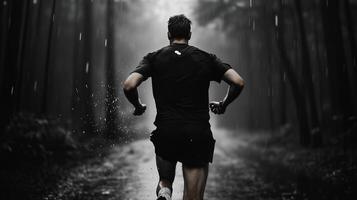 A solitary runner sprints through a misty forest path amidst a heavy rain in a tranquil natural setting photo