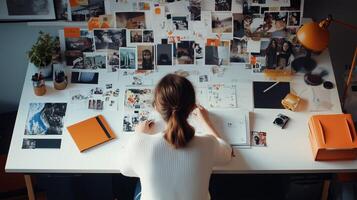 A creative workspace filled with photographs, notes, and sketches during a productive evening session photo