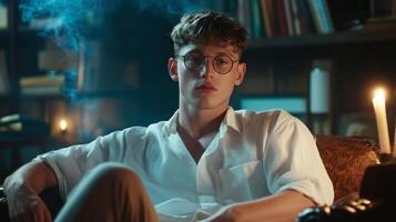 Young man in white shirt sitting thoughtfully in an atmospheric library with candles and smoke during the evening photo