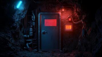 Mysterious underground tunnel entrance with blue and red lighting in a dark cave setting photo
