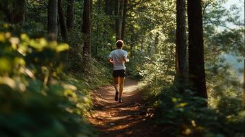 A person jogging along a sunlit forest trail surrounded by lush greenery during the early morning hours photo