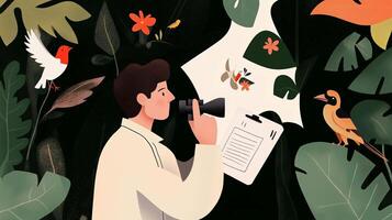 A researcher observes tropical birds while documenting findings in a lush jungle during daylight hours photo
