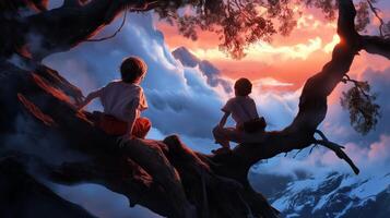Two children sit atop a tree branch, gazing at a vibrant sunset over the mountains, surrounded by dramatic clouds photo