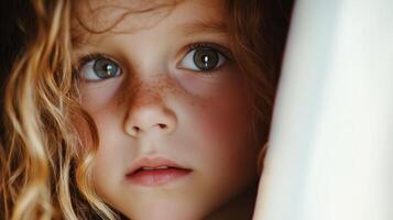 A young girl with curly hair peering thoughtfully from behind a white curtain in soft, natural light on a serene afternoon photo