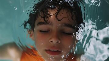A young boy enjoys a moment of tranquility while submerged underwater in a pool during a sunny day photo