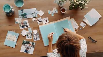 Creating a personalized scrapbook with photos and decorations on a wooden table at home during the afternoon