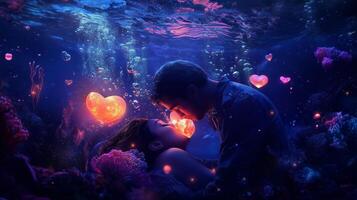 A couple embraces underwater, surrounded by glowing hearts and vibrant coral, creating a magical moment of love and connection photo