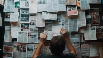 Person analyzing a wall covered with newspapers in a study during the day, immersed in research and investigation processes photo