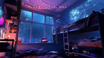 Cozy bedroom with bunk beds and fairy lights during rainy evening in serene atmosphere photo