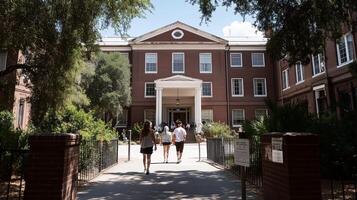 Group of students walking towards historic building on a sunny day in a university campus photo
