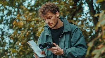 Young man exploring nature while studying plants with binoculars and a notebook in a lush forest during autumn photo