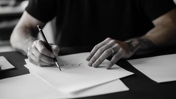 A person sketches intricate designs on sheets of paper while seated at a table during a creative session in a minimalistic space photo