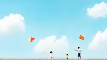 Families enjoying a sunny day flying colorful kites in an open field with fluffy clouds in the background photo