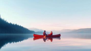 A couple enjoys a peaceful canoe ride on a serene lake at dawn surrounded by misty mountains and tall trees reflecting in the water photo