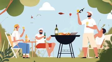 Friends enjoying a summer barbecue in a sunny garden with drinks and delicious food in a relaxed outdoor setting photo