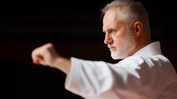 A skilled martial artist demonstrating a powerful technique during a training session in a dojo photo