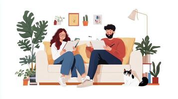 Couple enjoying a cozy afternoon reading and sketching together on a comfortable couch with plants around them photo