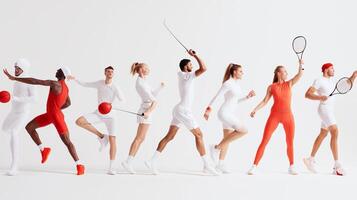 Dressed in white and red, athletes showcase dynamic movements while engaging in various sports in a minimalist studio setting photo