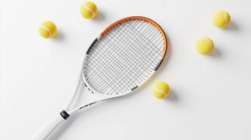 A tennis racket and yellow tennis balls arranged neatly on a white surface, perfect for a lively game or practice photo